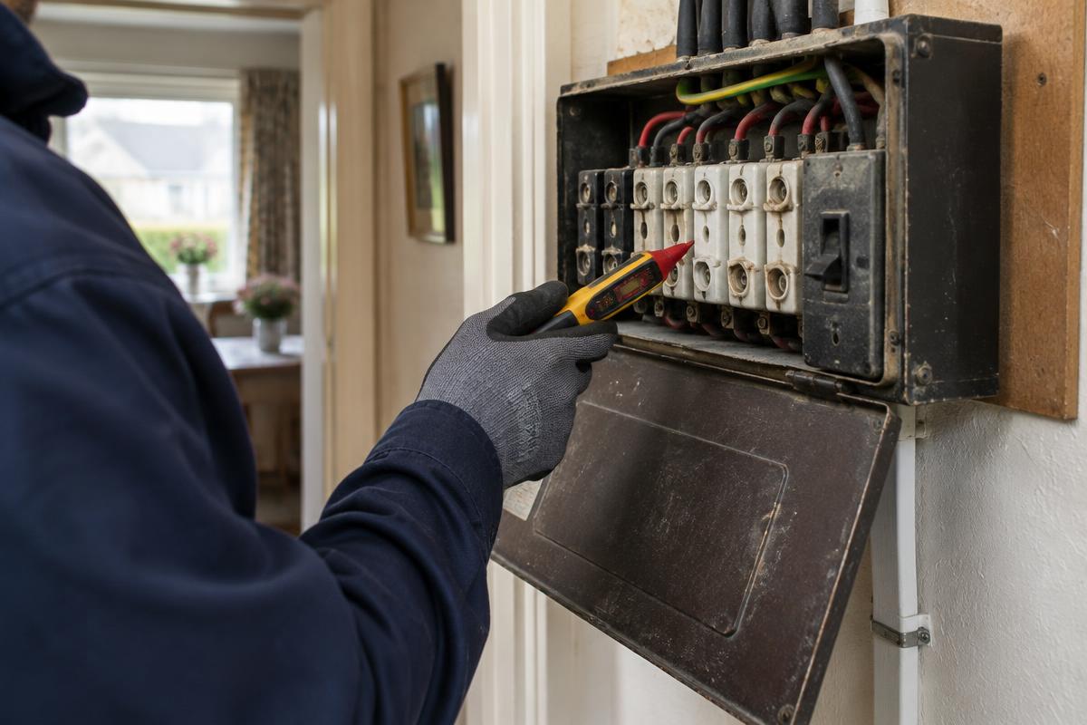 Older rewireable fuse board in a hallway